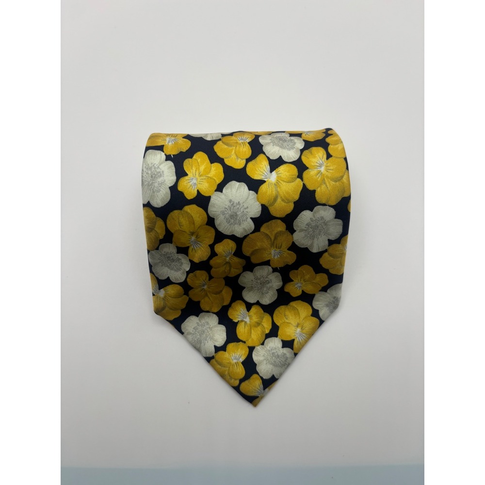 Regatta Mens Silk Tie Navy Blue Yellow White Floral Italian Silk Necktie